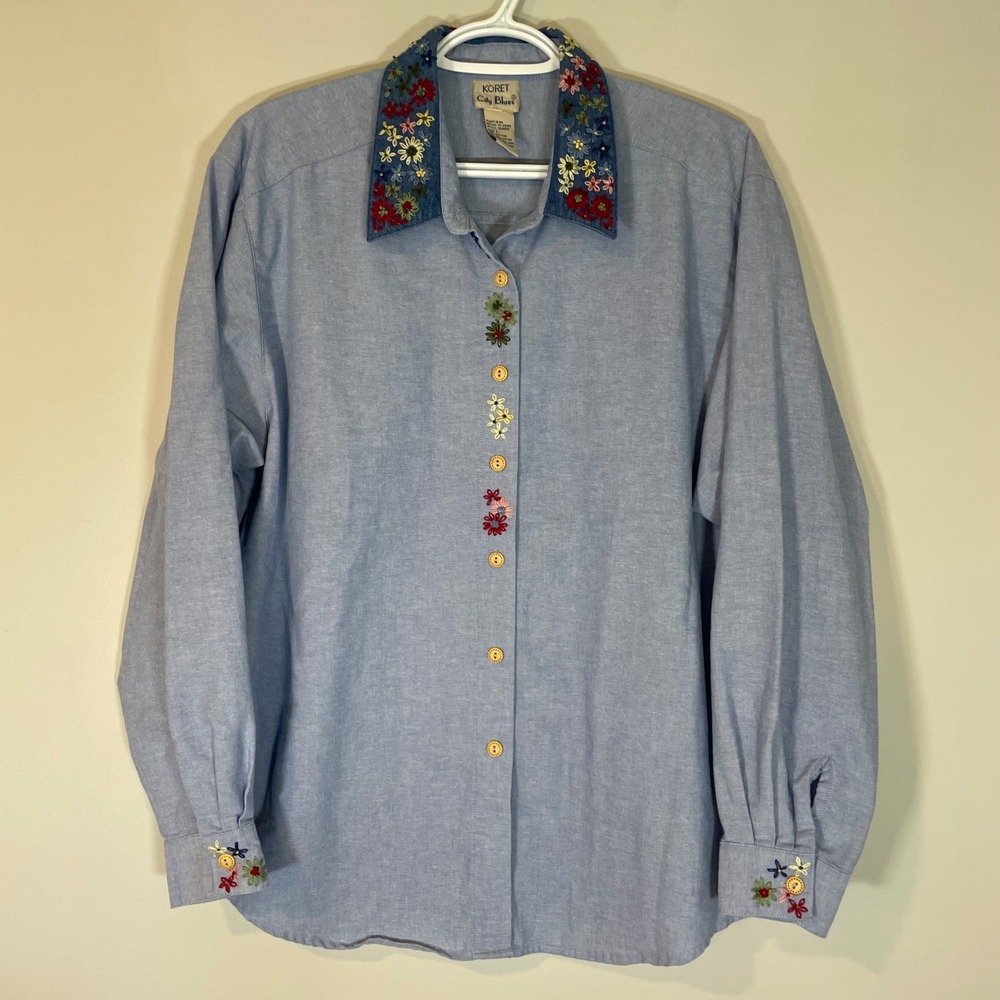Koret City Blues Floral Embroidered Chambray Button Down Shirt Blue L Cottage‎